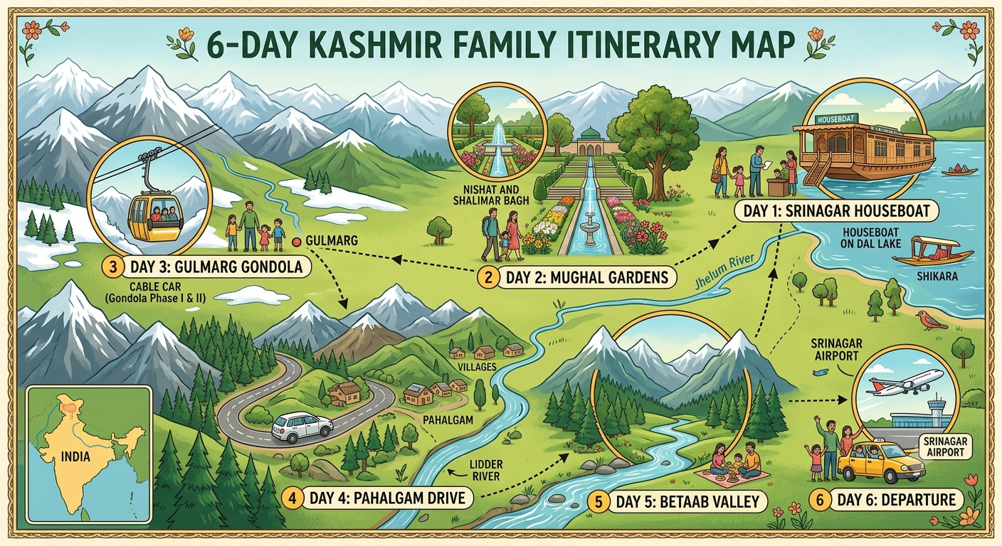 Kashmir Family Holiday Package 2026 | 6 Days | ₹13,500 | Book Now 11 Kashmir family holiday package 2026 - 6 day family itinerary map showing Srinagar Gulmarg Pahalgam route