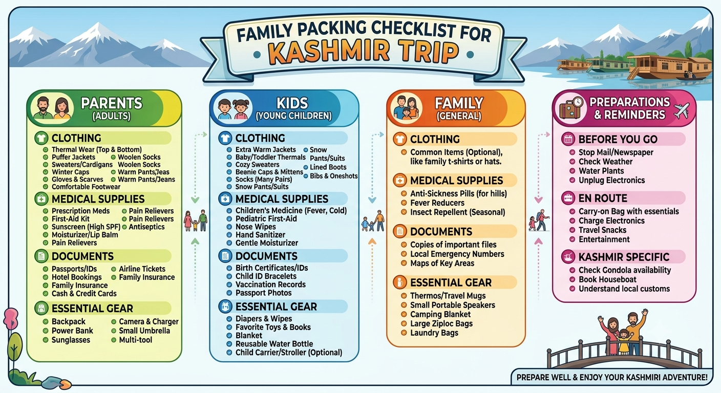 Kashmir Family Holiday Package 2026 | 6 Days | ₹13,500 | Book Now 12 Kashmir family holiday package 2026 - family packing checklist for Kashmir trip