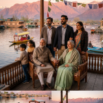 Kashmir family holiday package 2026 - multi-generational Indian family on traditional Kashmiri houseboat deck at Dal Lake golden hour with private SUV in distance