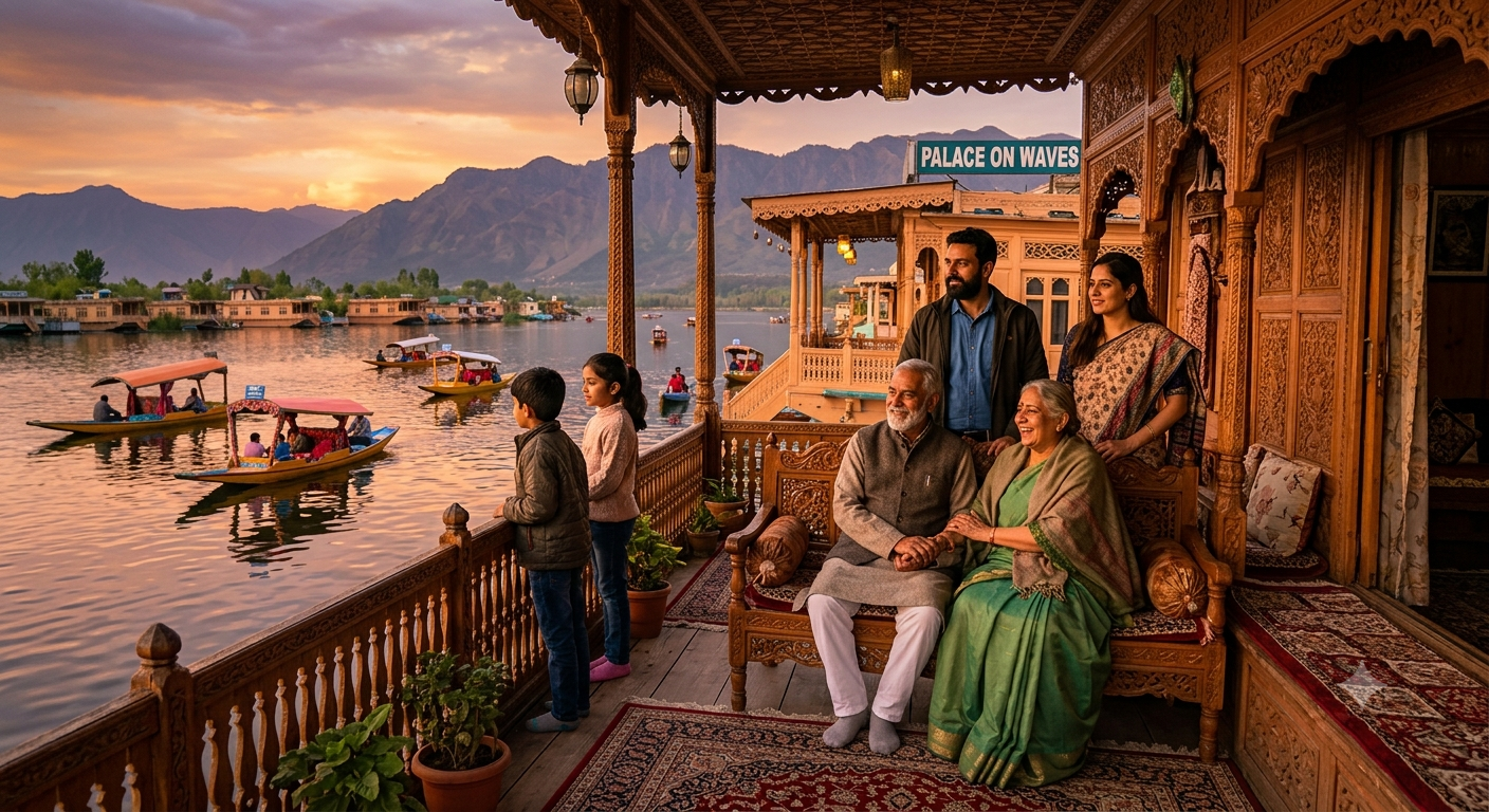 Kashmir Family Holiday Package 2026 | 6 Days | ₹13,500 | Book Now 8 Kashmir family holiday package 2026 - multi-generational Indian family on traditional Kashmiri houseboat deck at Dal Lake golden hour
