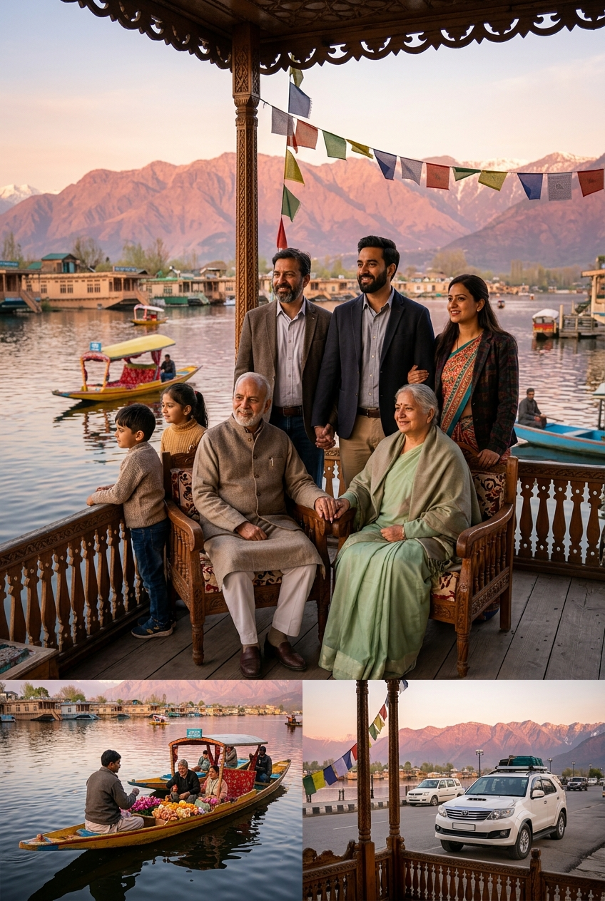 Kashmir family holiday package 2026 - multi-generational Indian family on traditional Kashmiri houseboat deck at Dal Lake golden hour with private SUV in distance