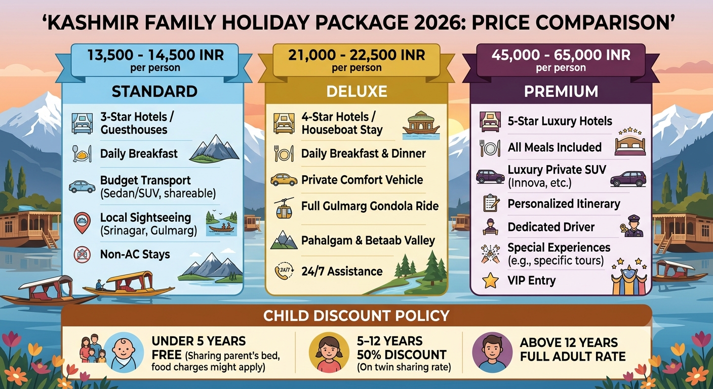 Kashmir Family Holiday Package 2026 | 6 Days | ₹13,500 | Book Now 10 Kashmir family holiday package 2026 - pricing comparison infographic with child discount policy