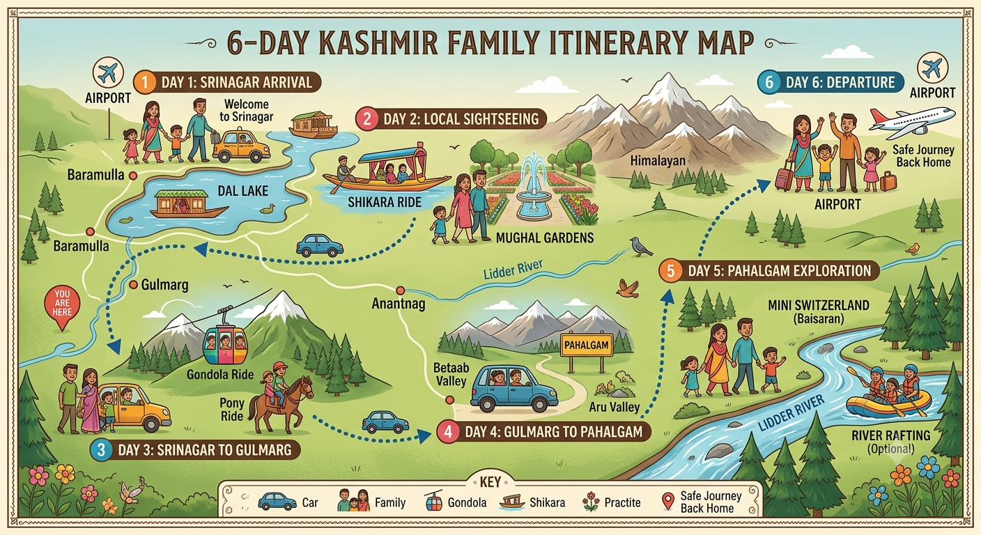 Kashmir family package 5 nights 6 days 2026 - 6 day family itinerary map showing Srinagar Gulmarg Pahalgam route