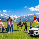 Kashmir family package 5 nights 6 days 2026 - multi-generational family on Gulmarg meadow with pony ride and private SUV symbolizing family package