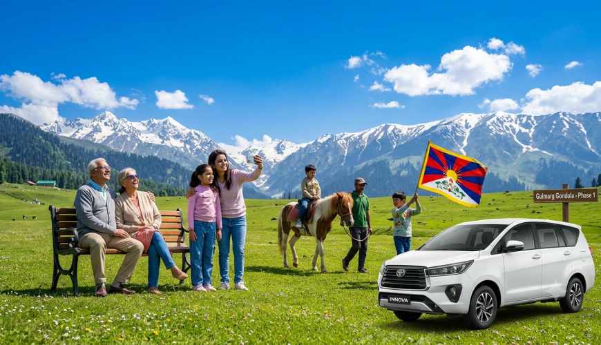 Kashmir family package 5 nights 6 days 2026 - multi-generational family on Gulmarg meadow with pony ride and private SUV symbolizing family package