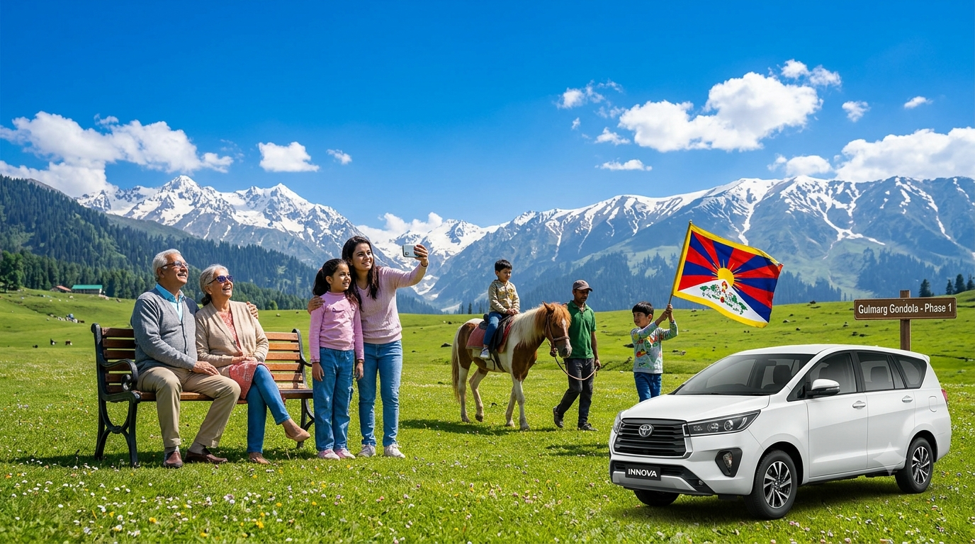 Kashmir family package 5 nights 6 days 2026 - multi-generational family on Gulmarg meadow with pony ride and private SUV symbolizing family package