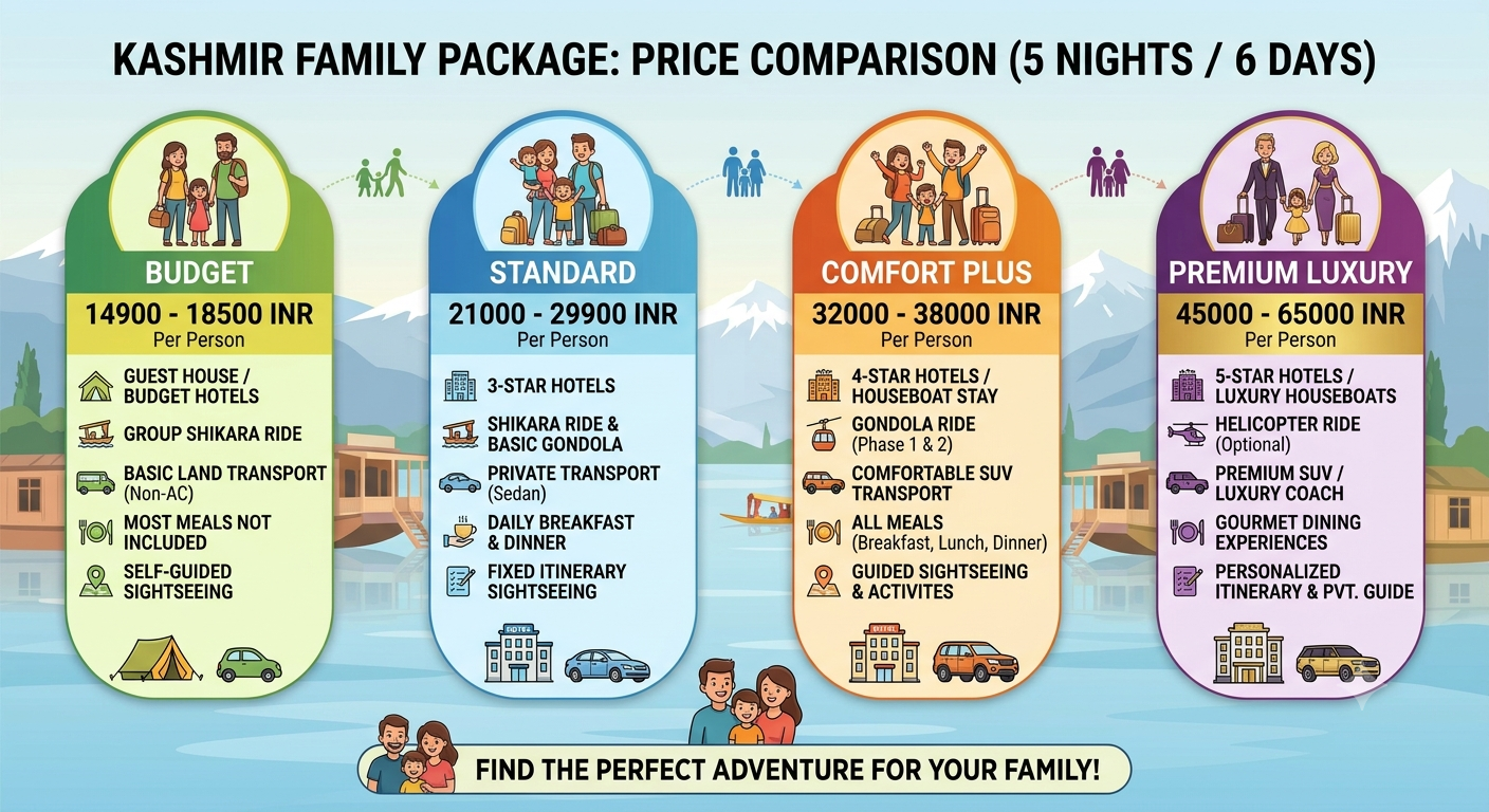 Kashmir family package 5 nights 6 days 2026 - pricing comparison infographic for budget standard comfort plus and premium luxury options