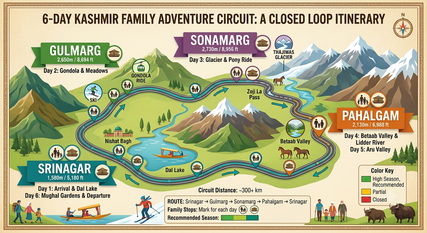 Kashmir Family Package with Houseboat 2026 | ₹21,999 | 6 Days 11 Kashmir family package with houseboat 2026 - 6 day family itinerary map showing Pahalgam Gulmarg Sonamarg and Srinagar route