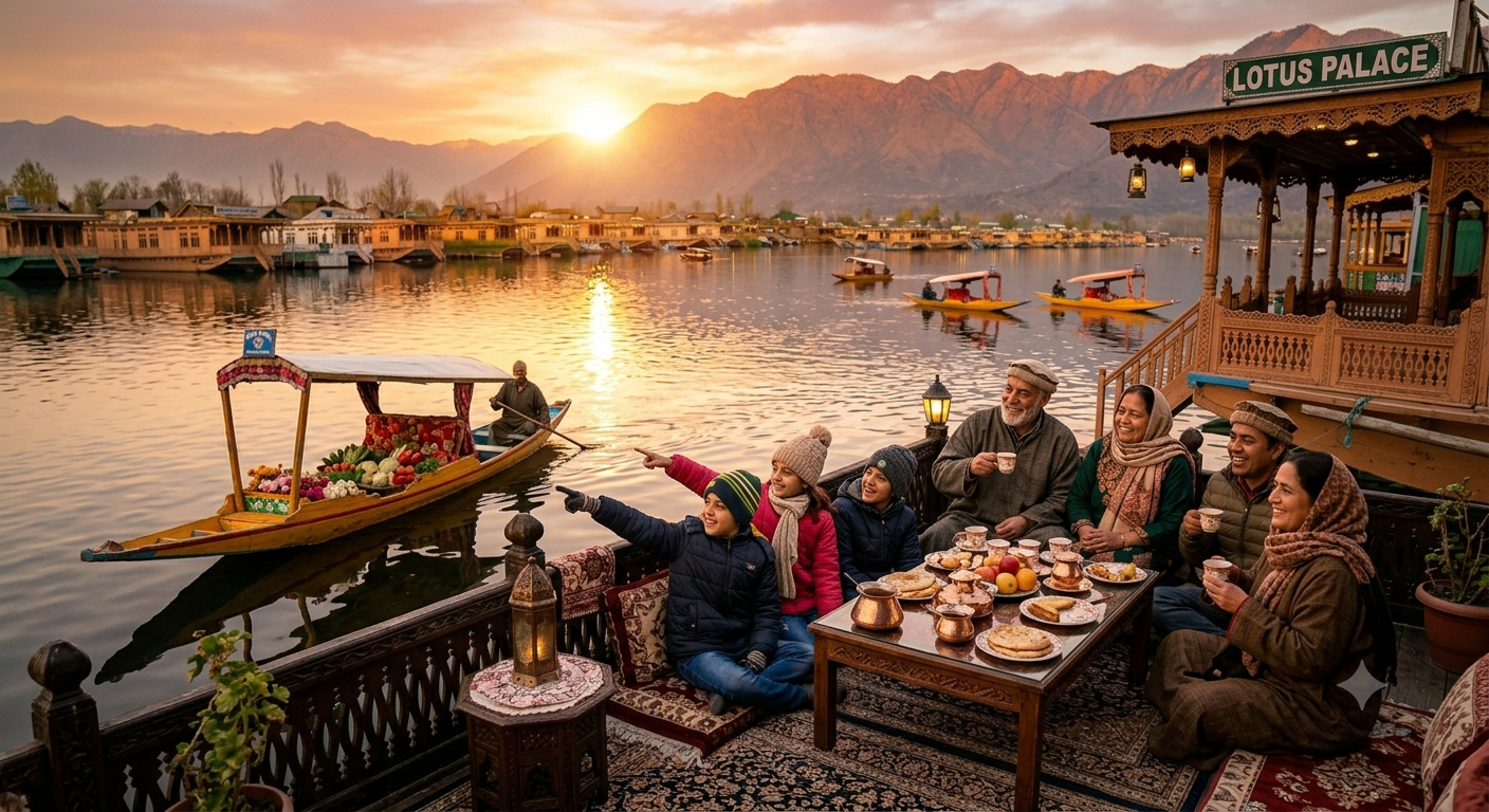 Kashmir Family Package with Houseboat 2026 | ₹21,999 | 6 Days 12 Kashmir family package with houseboat 2026 - family enjoying breakfast on houseboat deck at sunrise on Dal Lake