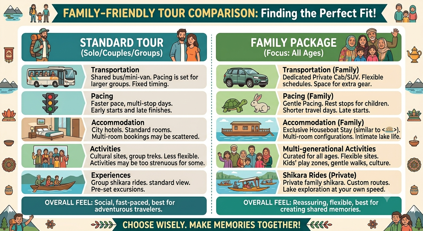 Kashmir Family Package with Houseboat 2026 | ₹21,999 | 6 Days 9 Kashmir family package with houseboat 2026 - family package features comparison showing private cab child-friendly pacing and houseboat stay