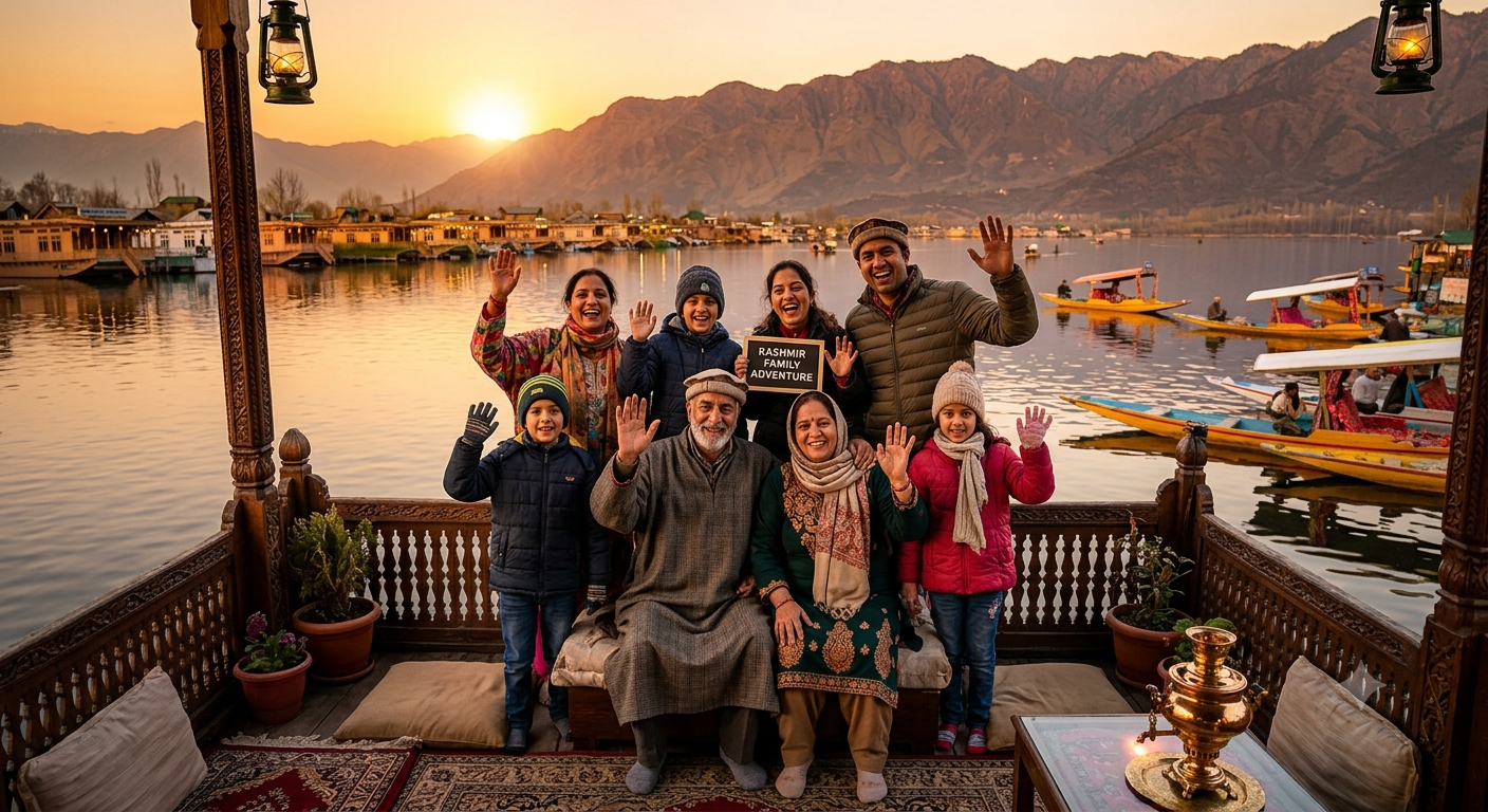Kashmir Family Package with Houseboat 2026 | ₹21,999 | 6 Days 8 Kashmir family package with houseboat 2026 - multi-generational family on houseboat deck at Dal Lake during golden hour