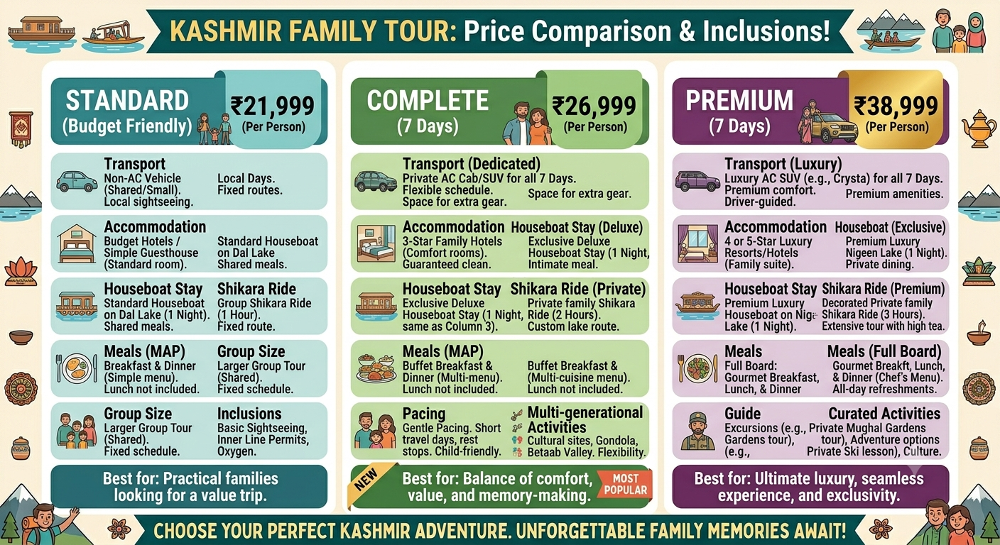 Kashmir Family Package with Houseboat 2026 | ₹21,999 | 6 Days 10 Kashmir family package with houseboat 2026 - pricing comparison infographic standard complete and premium packages with child discounts