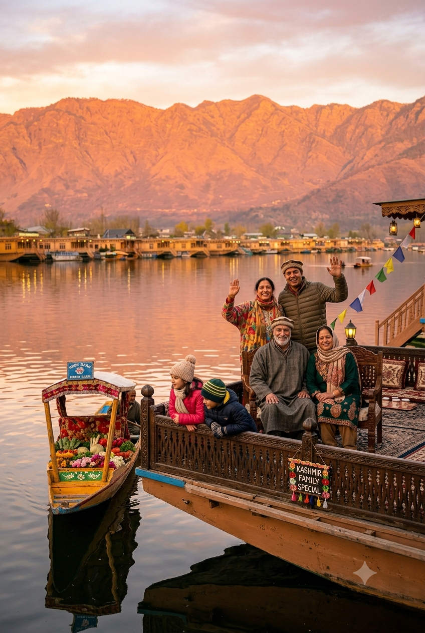 Kashmir family package with houseboat 2026 - multi-generational Indian family on traditional Kashmiri houseboat deck at Dal Lake golden hour