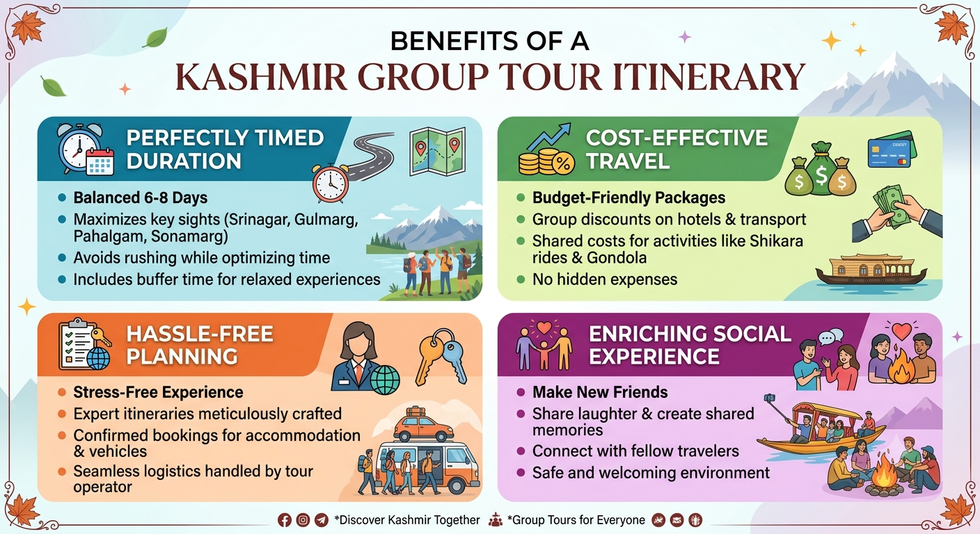 Kashmir Group Tour Itinerary 6 Days 2026 | ₹12,500 | Complete Guide 9 Kashmir group tour itinerary 6 days 2026 - benefits infographic