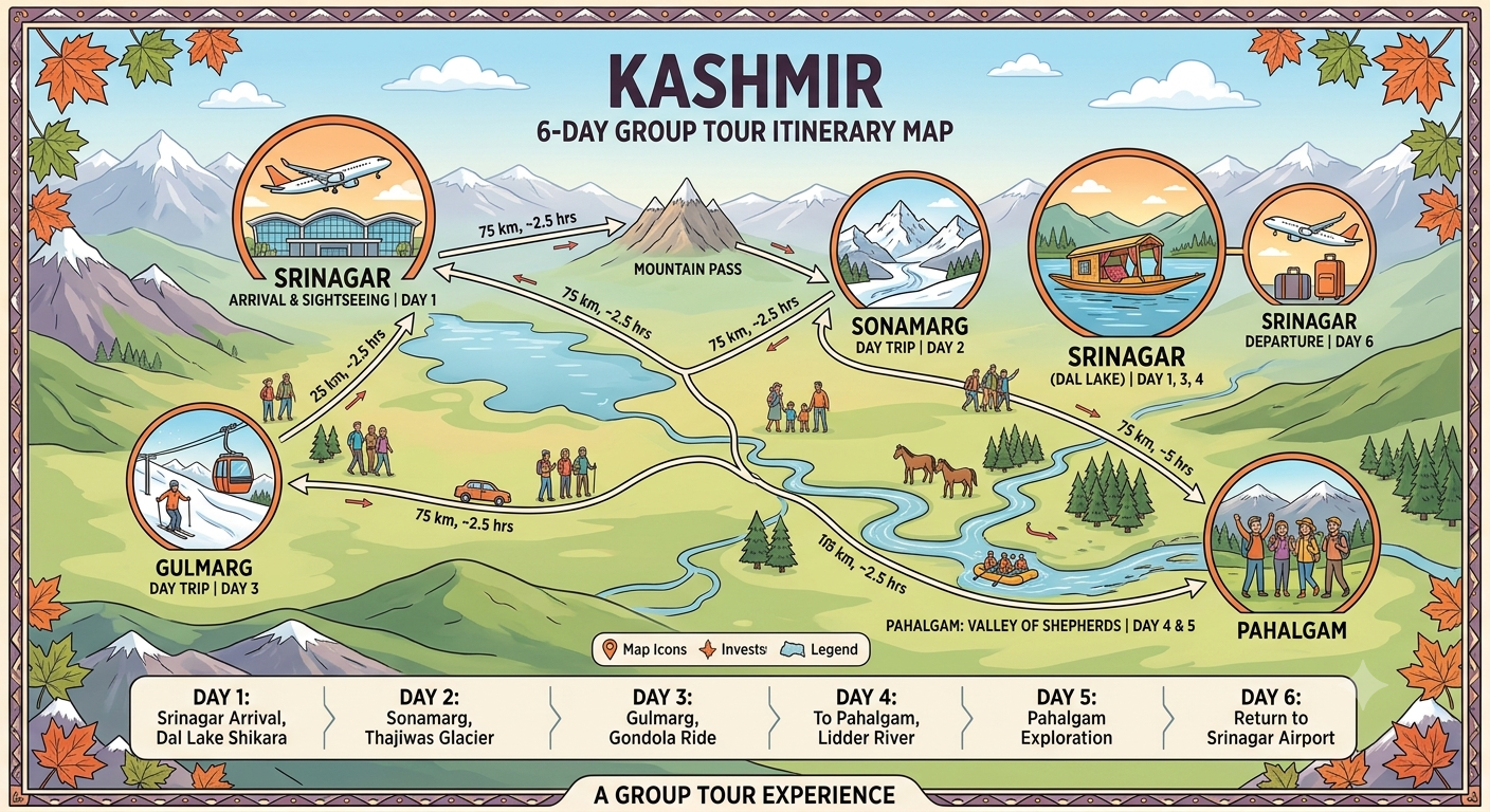Kashmir Group Tour Itinerary 6 Days 2026 | ₹12,500 | Complete Guide 10 Kashmir group tour itinerary 6 days 2026 - complete route map