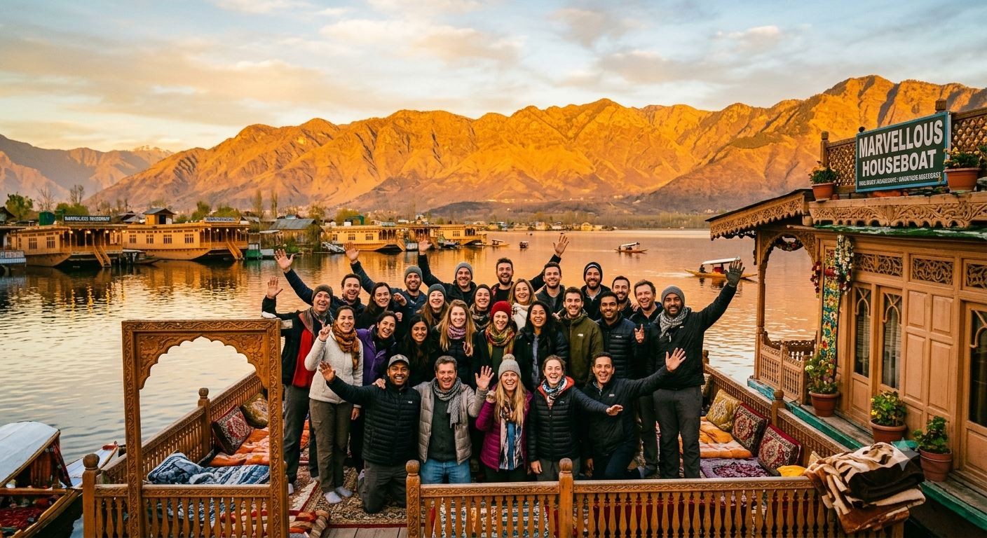 Kashmir Group Tour Itinerary 6 Days 2026 | ₹12,500 | Complete Guide 8 Kashmir group tour itinerary 6 days 2026 happy group on houseboat with Dal Lake and mountains