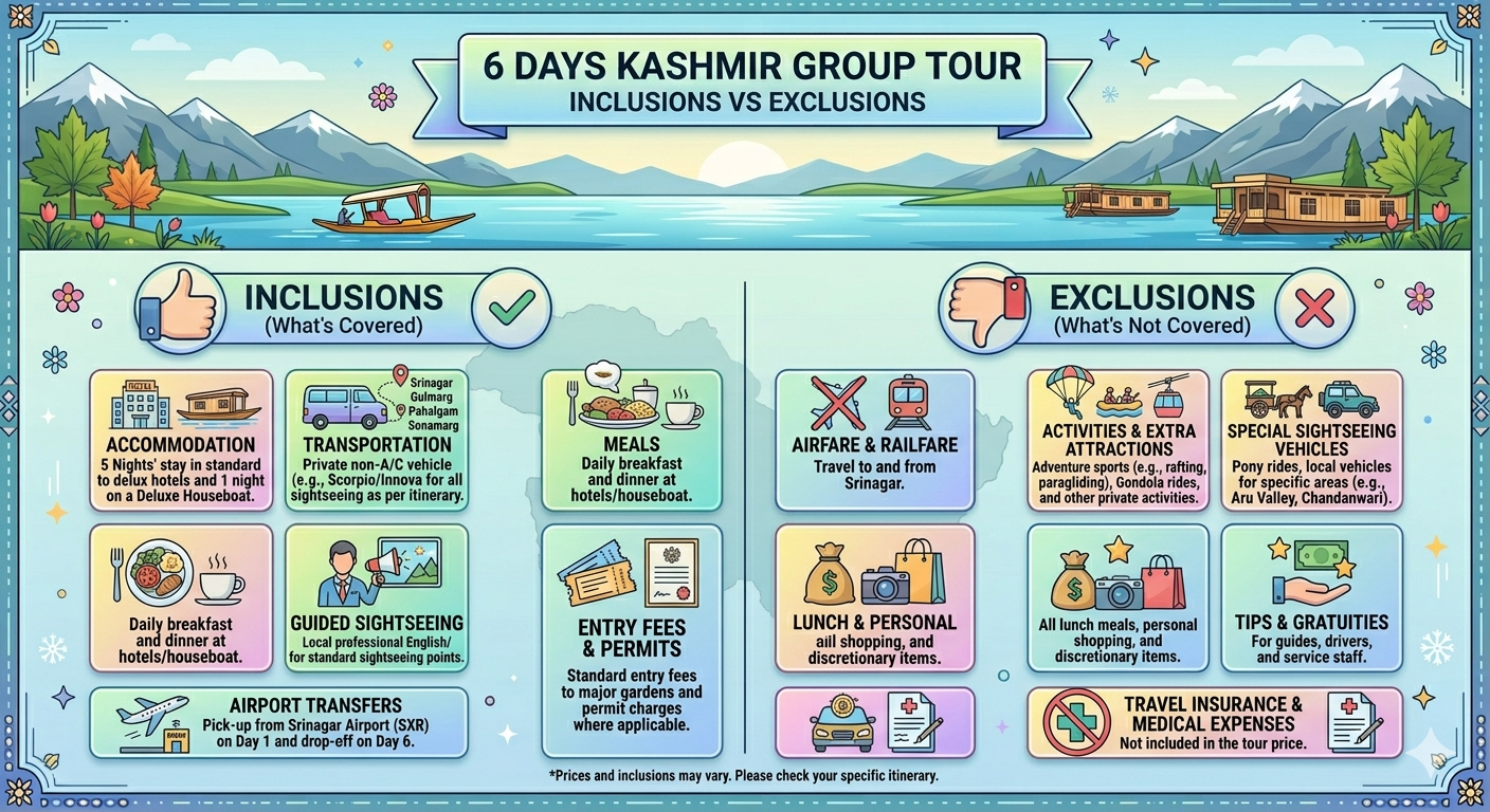 Kashmir Group Tour Itinerary 6 Days 2026 | ₹12,500 | Complete Guide 12 Kashmir group tour itinerary 6 days 2026 - inclusions and exclusions infographic