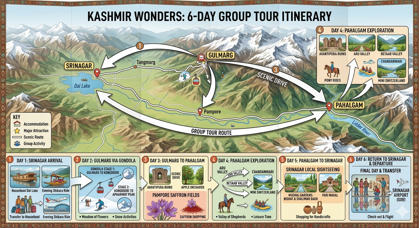 Luxury Kashmir Group Tour Package Price 2026 | 6 Days | ₹17,000 | Book Now 11 Kashmir group tour package 2026 - 6-day itinerary map