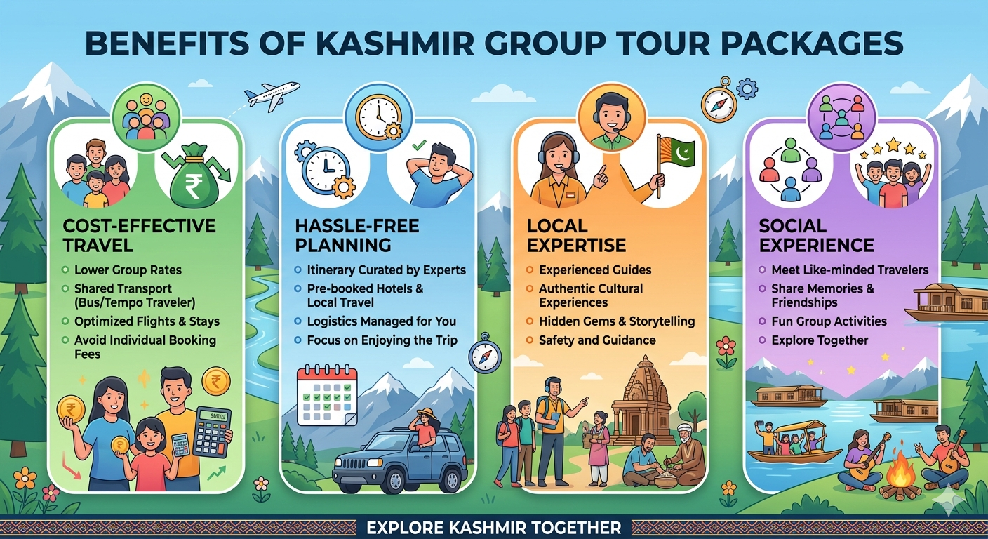 Luxury Kashmir Group Tour Package Price 2026 | 6 Days | ₹17,000 | Book Now 9 Kashmir group tour package 2026 - benefits infographic