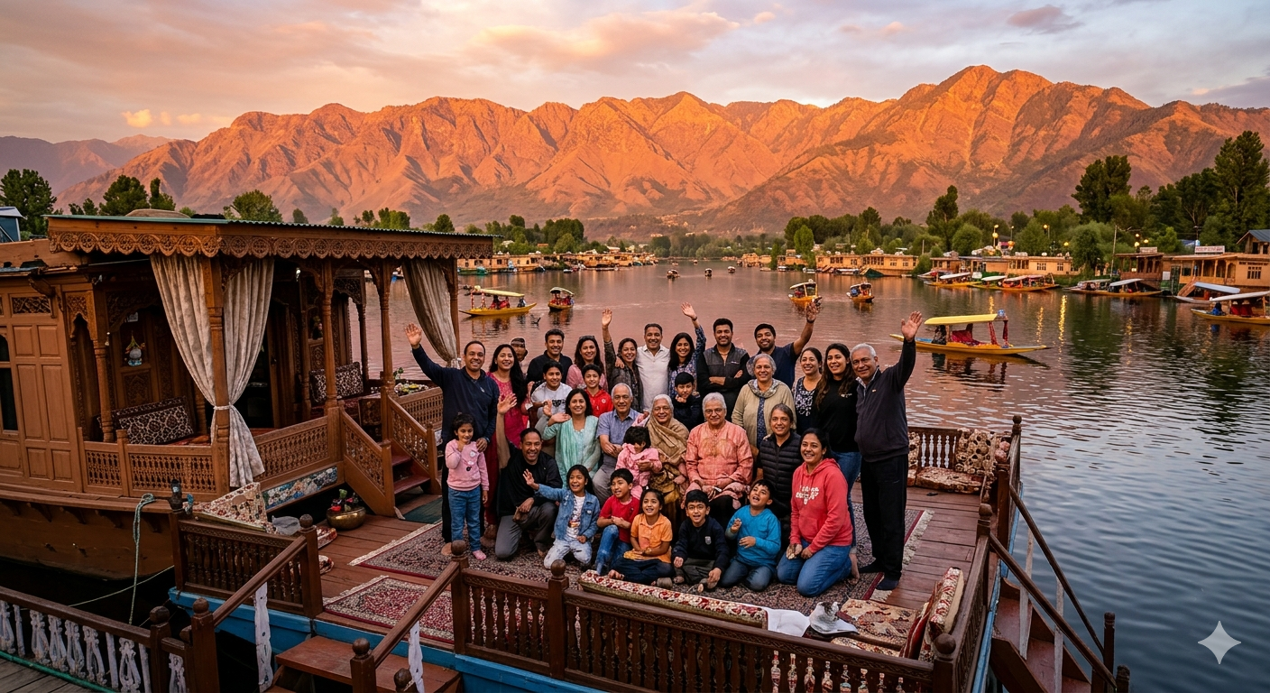 Luxury Kashmir Group Tour Package Price 2026 | 6 Days | ₹17,000 | Book Now 8 Kashmir group tour package 2026 - happy group on houseboat with Dal Lake and mountains