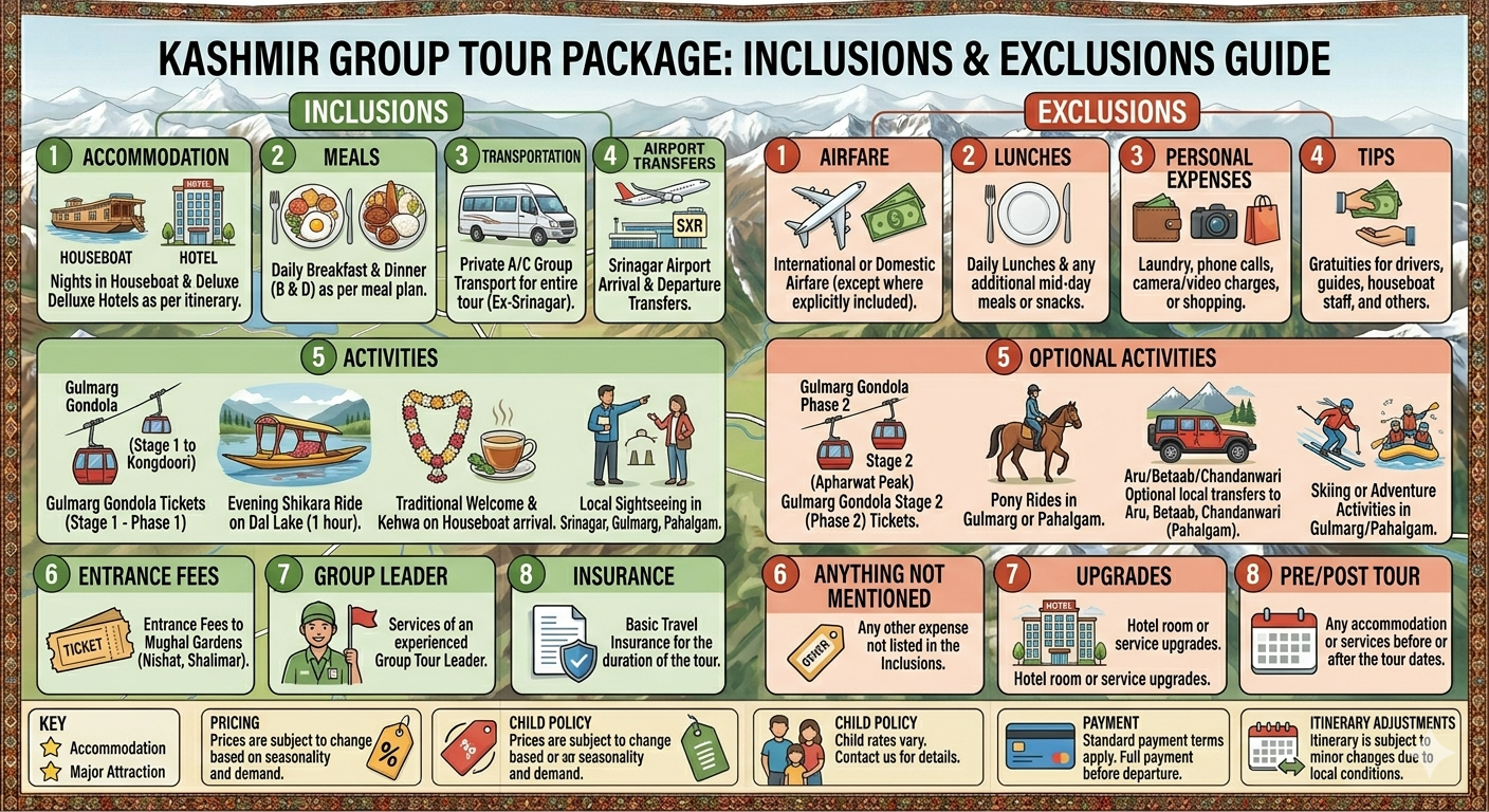Luxury Kashmir Group Tour Package Price 2026 | 6 Days | ₹17,000 | Book Now 12 Kashmir group tour package 2026 - inclusions and exclusions infographic