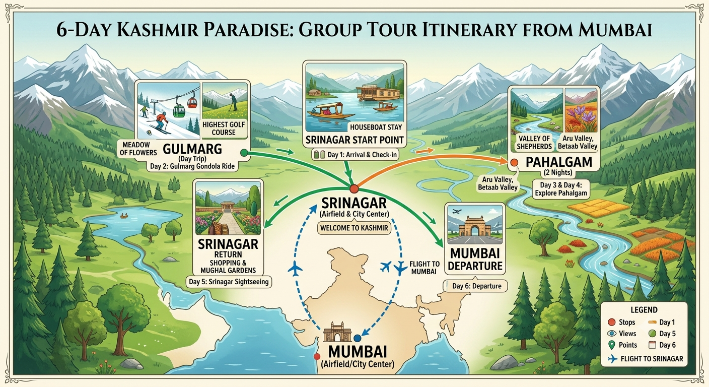 Kashmir group tour package from Mumbai price 2026 - 6-day itinerary map