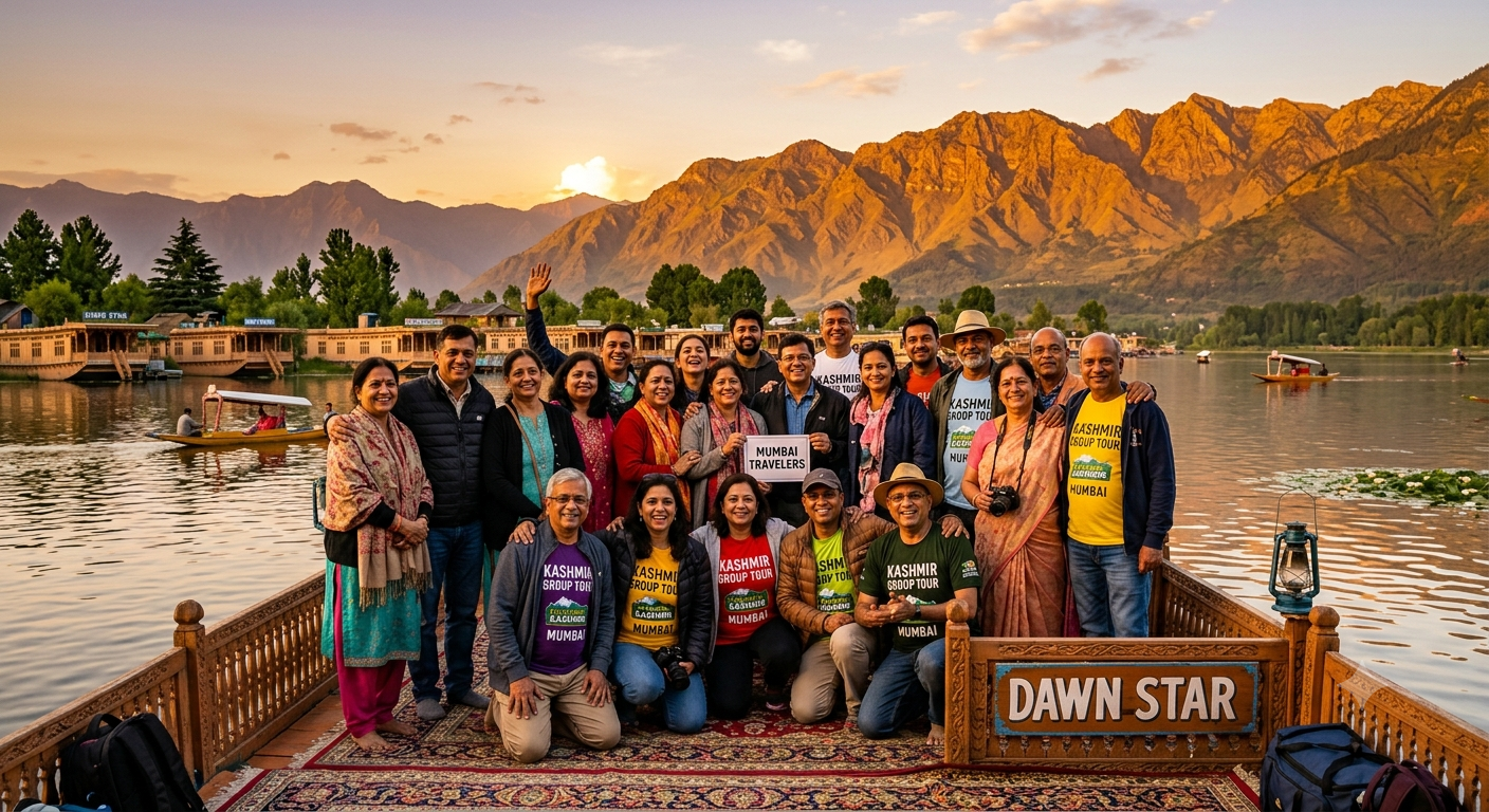 Kashmir group tour package from Mumbai price 2026 - happy group on houseboat with Dal Lake and mountains