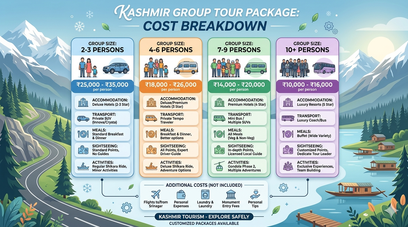 Luxury Kashmir Group Tour Package Price 2026 | 6 Days | ₹17,000 | Book Now 10 Kashmir group tour package price 2026 - cost breakdown infographic