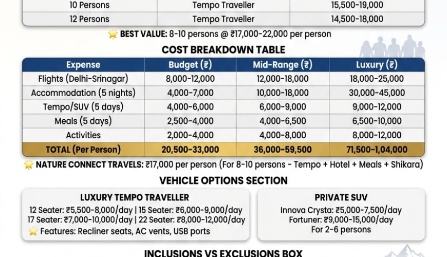 Kashmir group tour package price 2026 infographic - group size prices 2-12 persons 14000-35000 rupees per person, cost breakdown, tempo traveller rates 5500-12000 per day, inclusions houseboat shikara meals