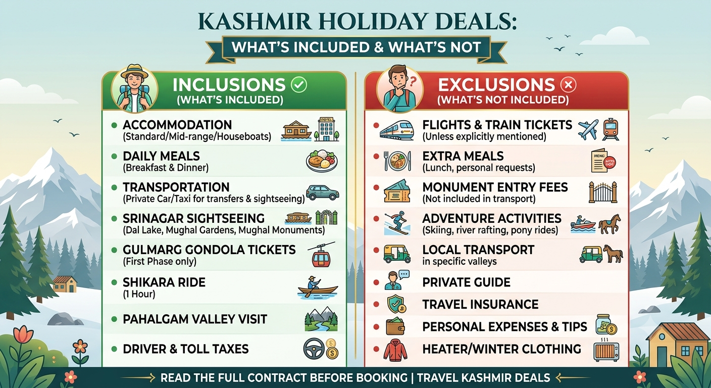 Kashmir holiday deals 2026 - inclusions and exclusions infographic