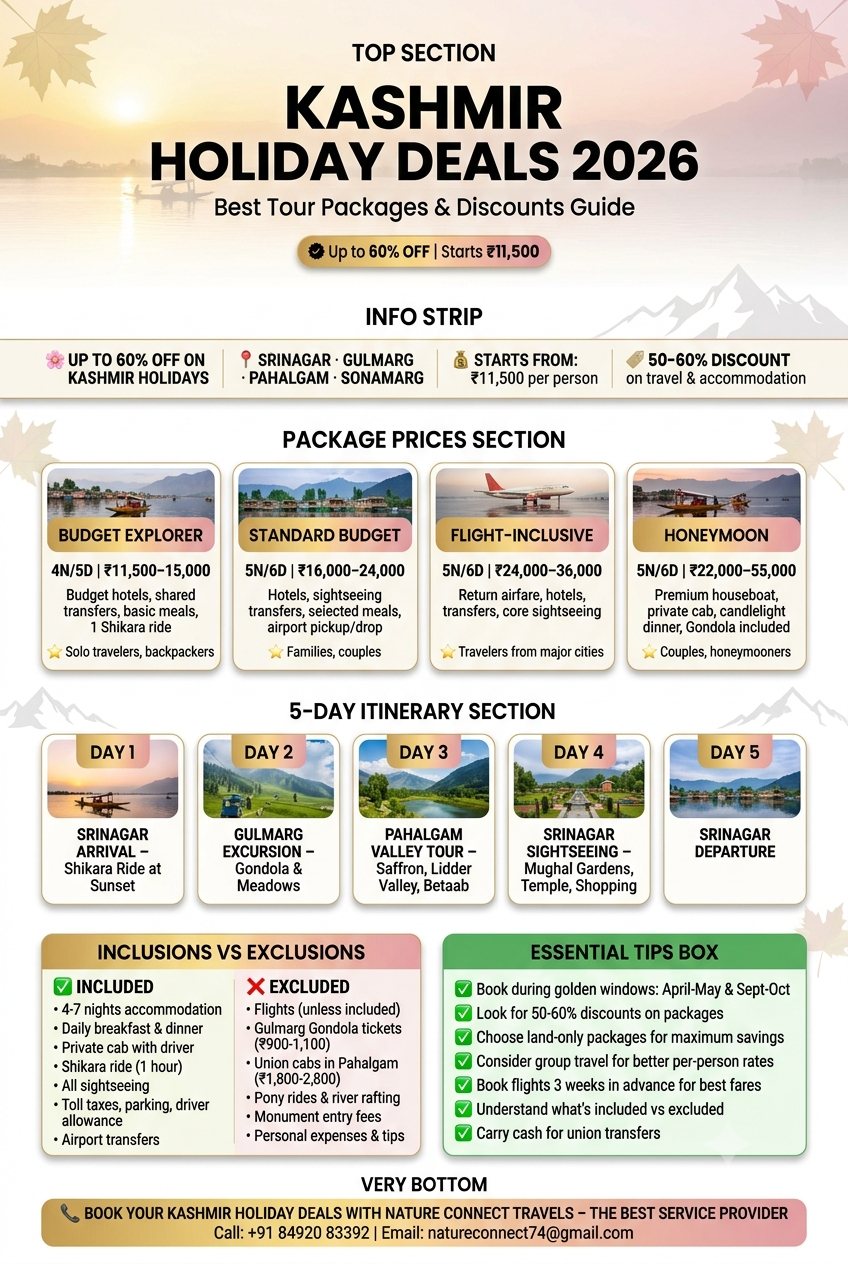 Kashmir holiday deals 2026 infographic - package prices 11500-55000 rupees, 5-day itinerary Srinagar Gulmarg Pahalgam, 50-60% discounts, inclusions houseboat shikara private cab meals, exclusions gondola tickets union cabs