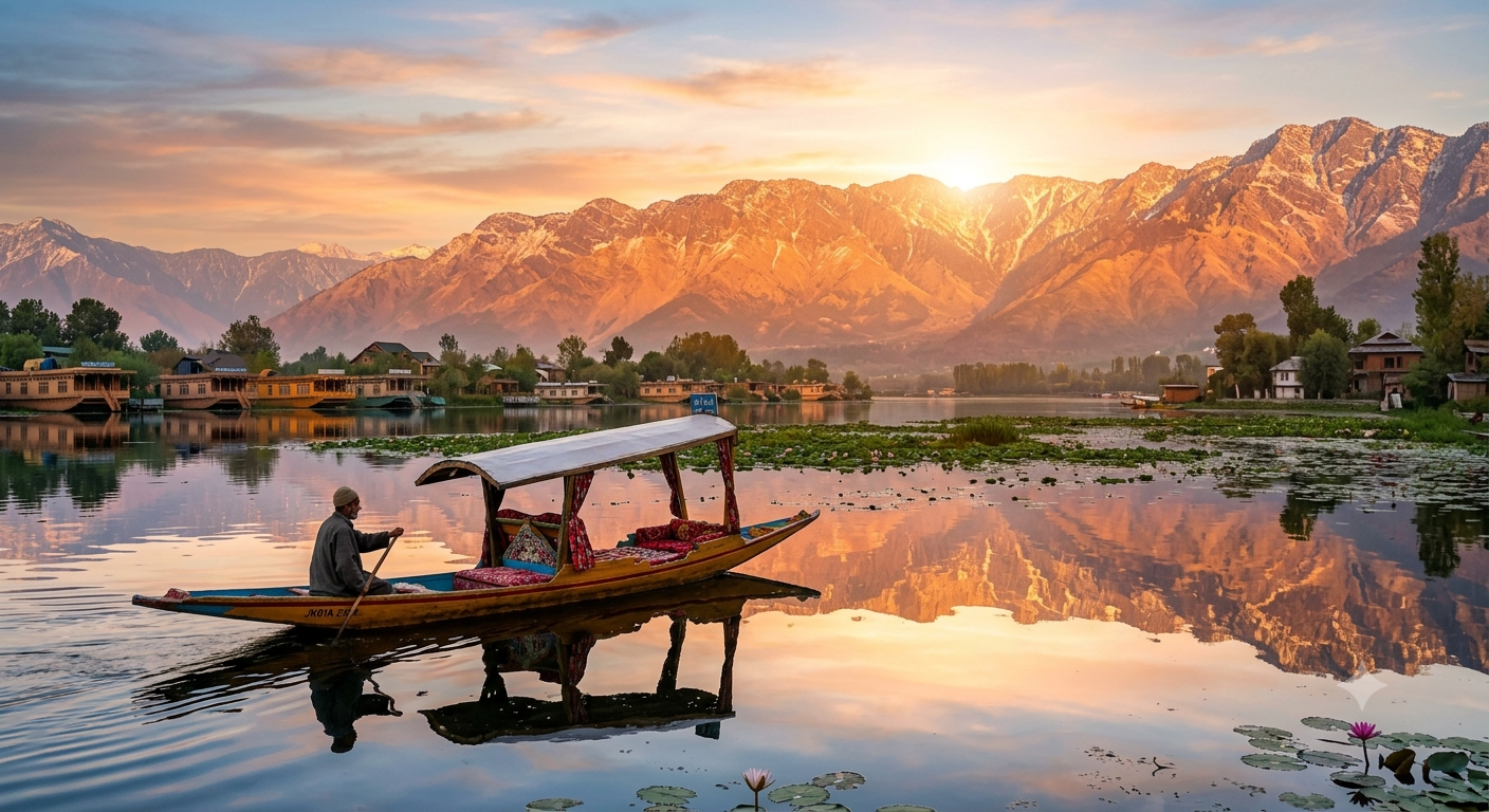 Kashmir holiday deals 2026 - sunrise on Dal Lake with shikara and Zabarwan mountains