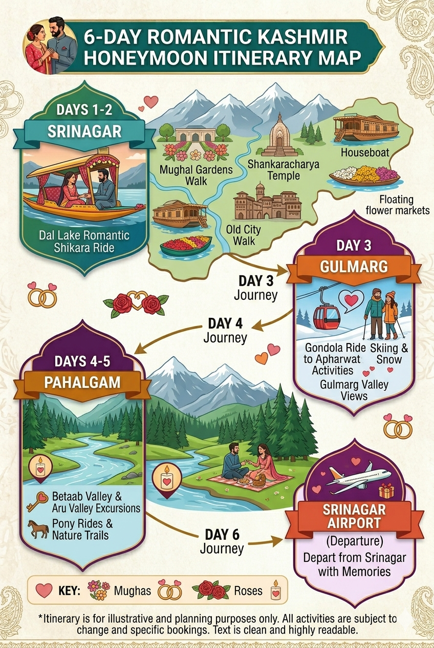 Kashmir Honeymoon Package Price 2026 | ₹20,000 Per Couple | 6 Days 10 Kashmir honeymoon package price 2026 - 6 day romantic itinerary map Srinagar Gulmarg Pahalgam
