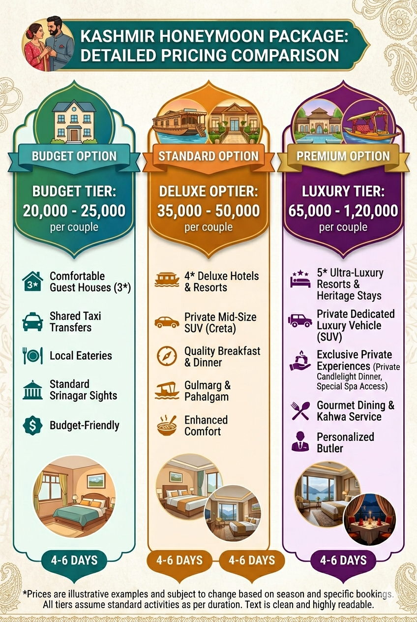 Kashmir Honeymoon Package Price 2026 | ₹20,000 Per Couple | 6 Days 9 Kashmir honeymoon package price 2026 - detailed pricing table budget standard deluxe premium luxury