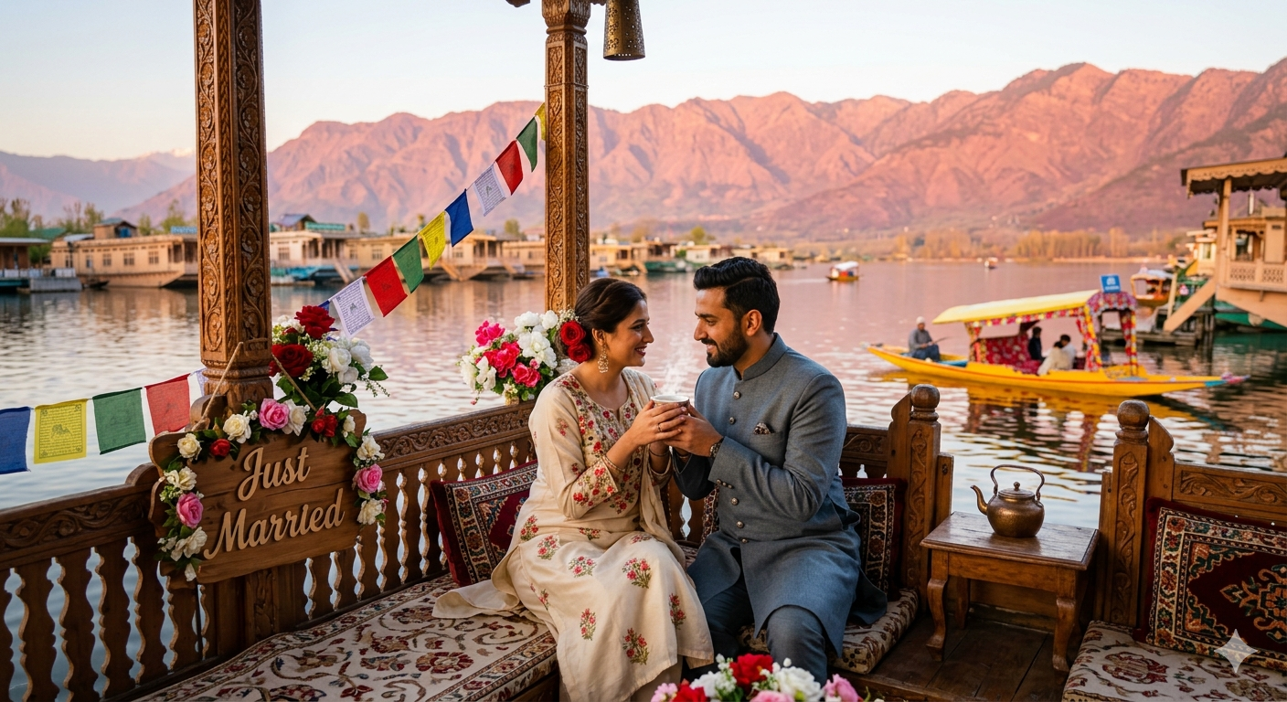 Kashmir Honeymoon Package Price 2026 | ₹20,000 Per Couple | 6 Days 7 Kashmir honeymoon package price 2026 - newlywed couple on houseboat deck at Dal Lake golden hour sharing Kahwa