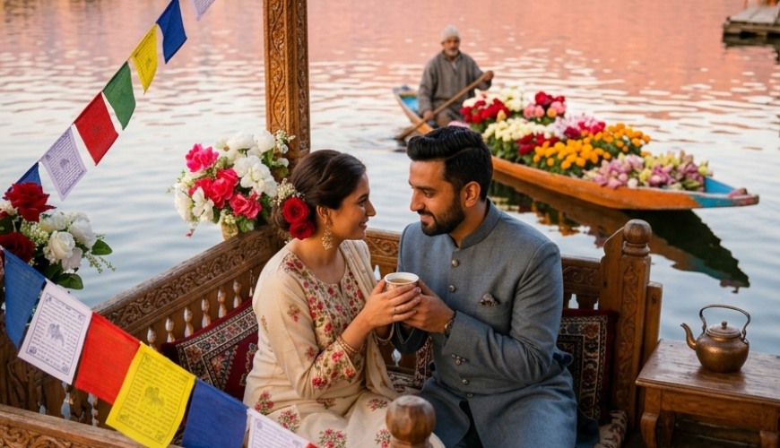 Kashmir honeymoon package price 2026 - newlywed couple sharing Kahwa on houseboat deck at Dal Lake golden hour