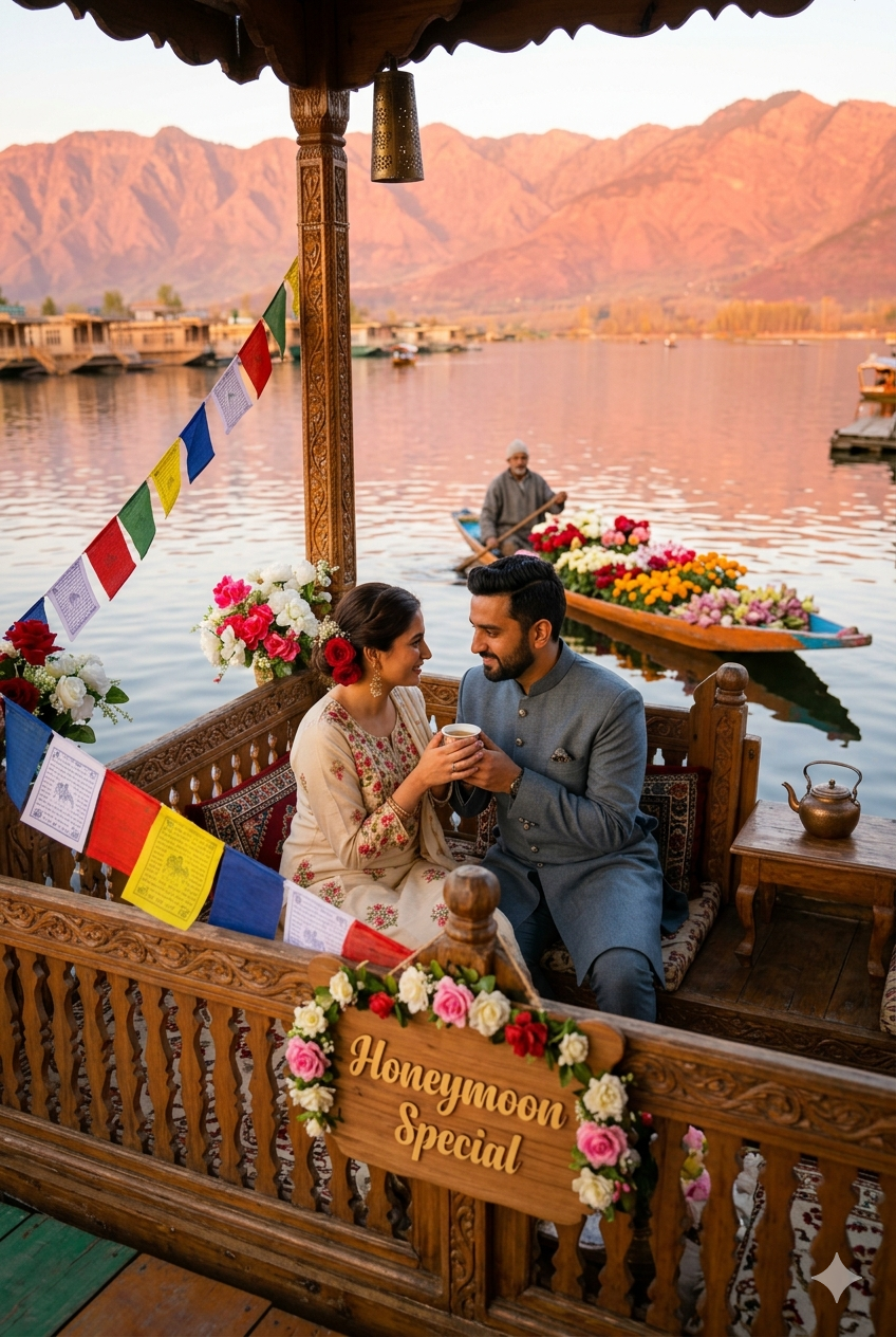 Kashmir honeymoon package price 2026 - newlywed couple sharing Kahwa on houseboat deck at Dal Lake golden hour