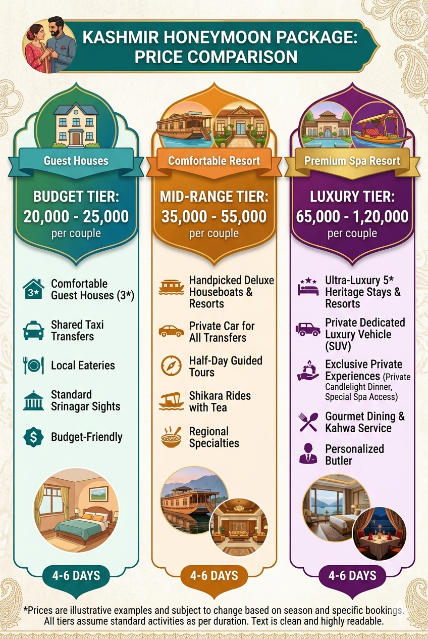 Kashmir Honeymoon Package Price 2026 | ₹20,000 Per Couple | 6 Days 8 Kashmir honeymoon package price 2026 - price comparison infographic budget to luxury per couple