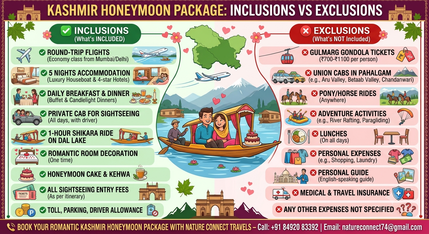 Kashmir honeymoon package with flights 2026 - inclusions and exclusions infographic