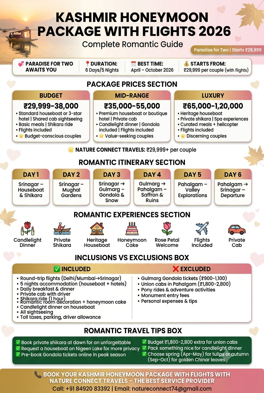 Kashmir honeymoon package with flights 2026 infographic - package prices 29999-120000 rupees per couple, romantic 6-day itinerary Srinagar Gulmarg Pahalgam, inclusions flights houseboat shikara candlelight dinner, exclusions gondola tickets union cabs