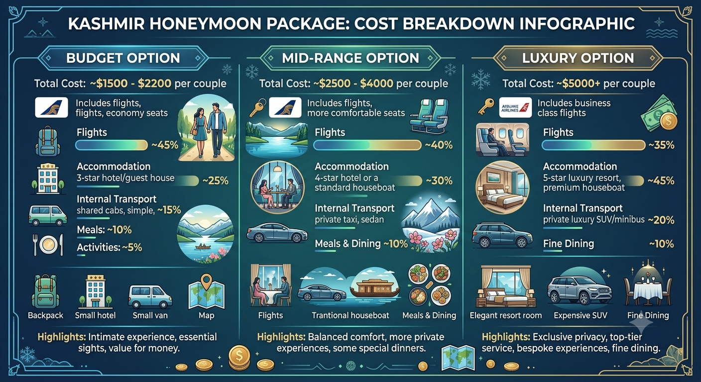 Kashmir honeymoon package with flights 2026 - price breakdown infographic