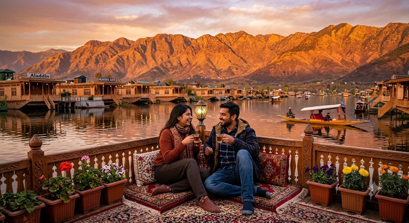 Kashmir honeymoon package with flights 2026 - romantic couple on houseboat at Dal Lake sunset