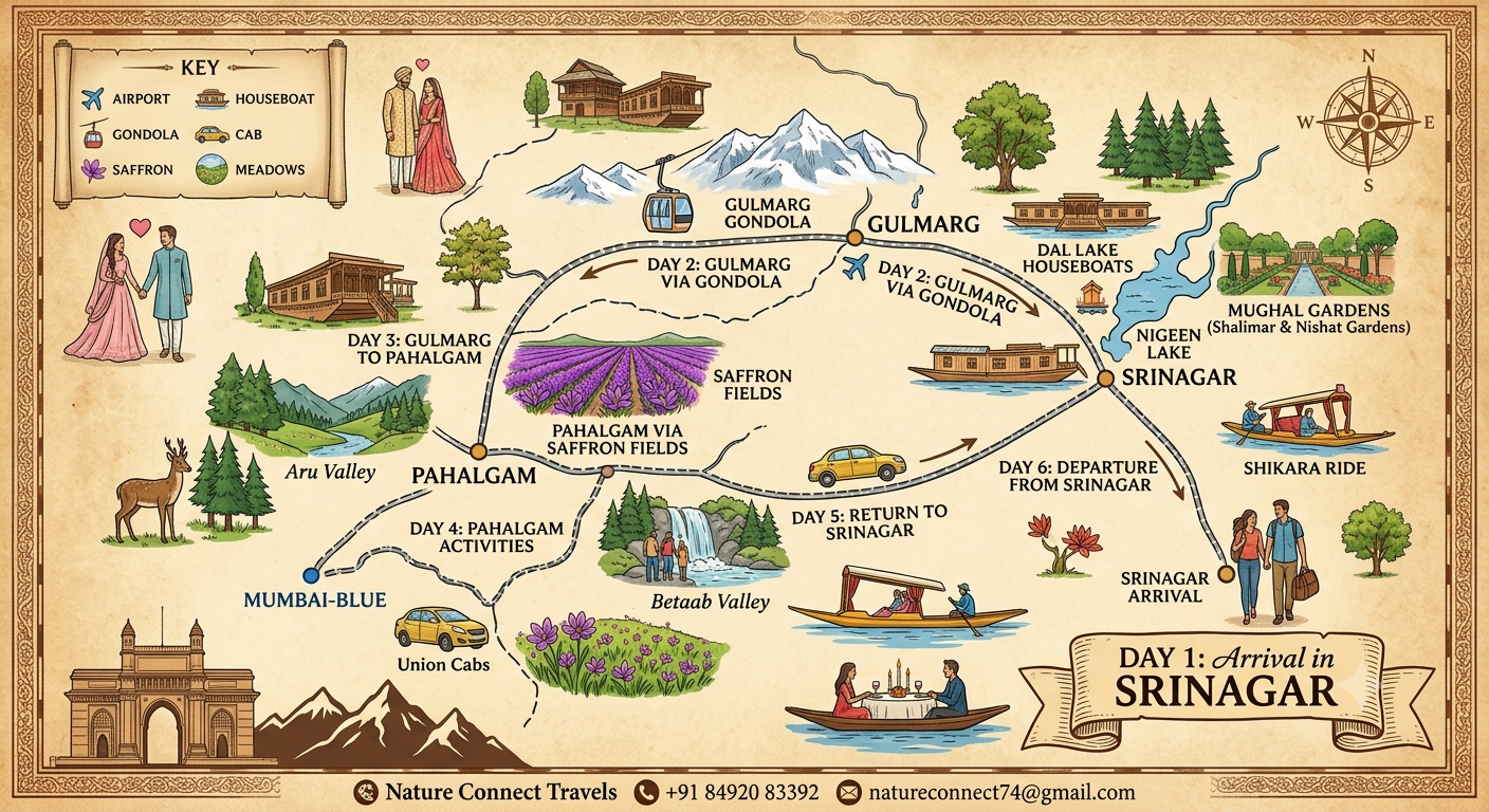 Kashmir honeymoon package with flights 2026 - romantic itinerary map