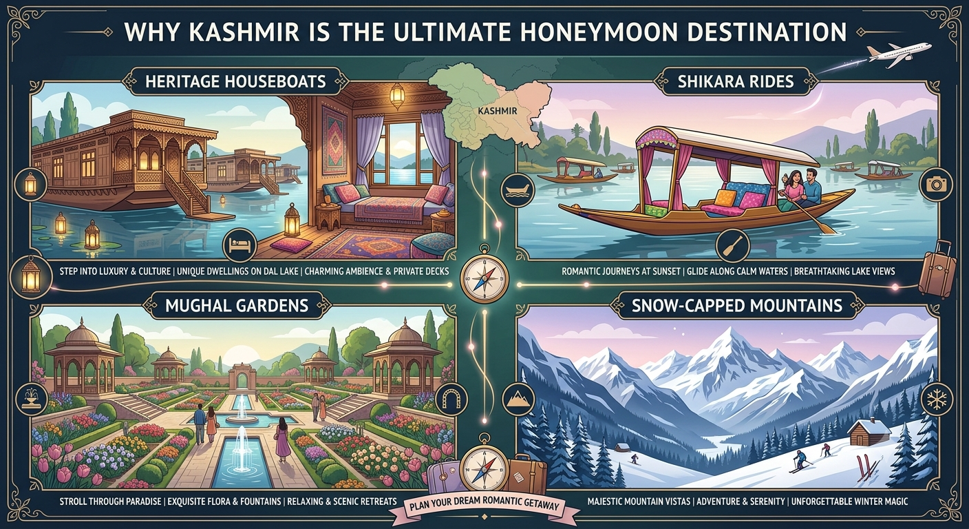 Kashmir honeymoon package with flights 2026 - why Kashmir is romantic infographic