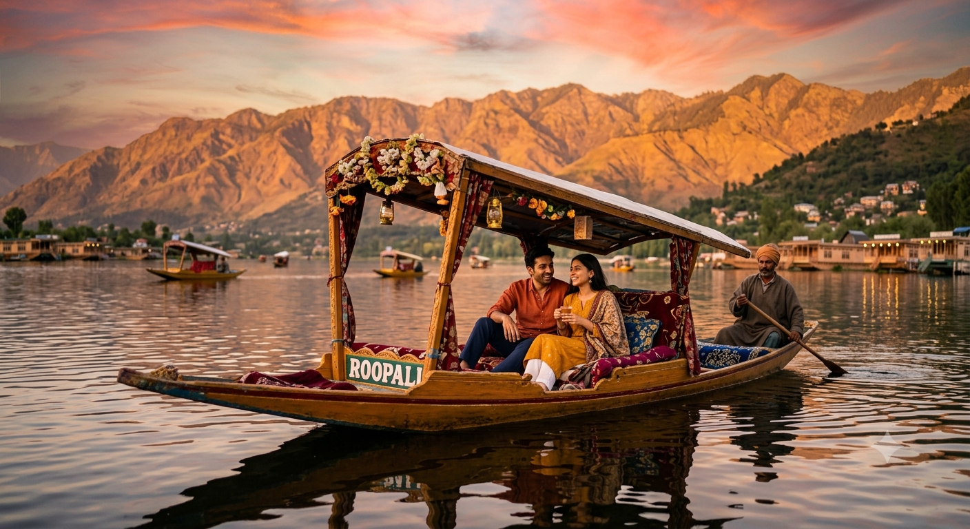 Kashmir honeymoon package with flights - private shikara ride on Dal Lake at golden hour