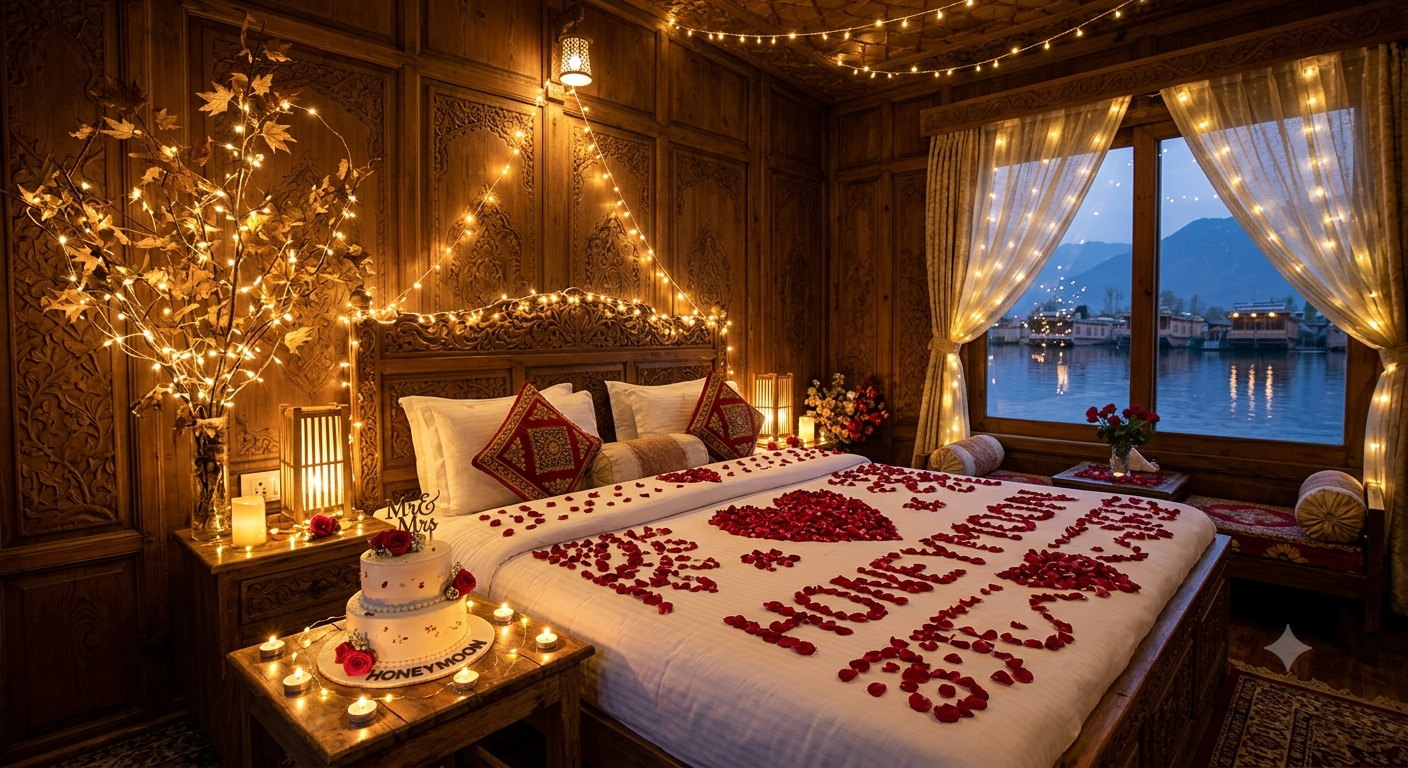 Kashmir honeymoon package with flights - romantic room decoration with rose petals and honeymoon cake