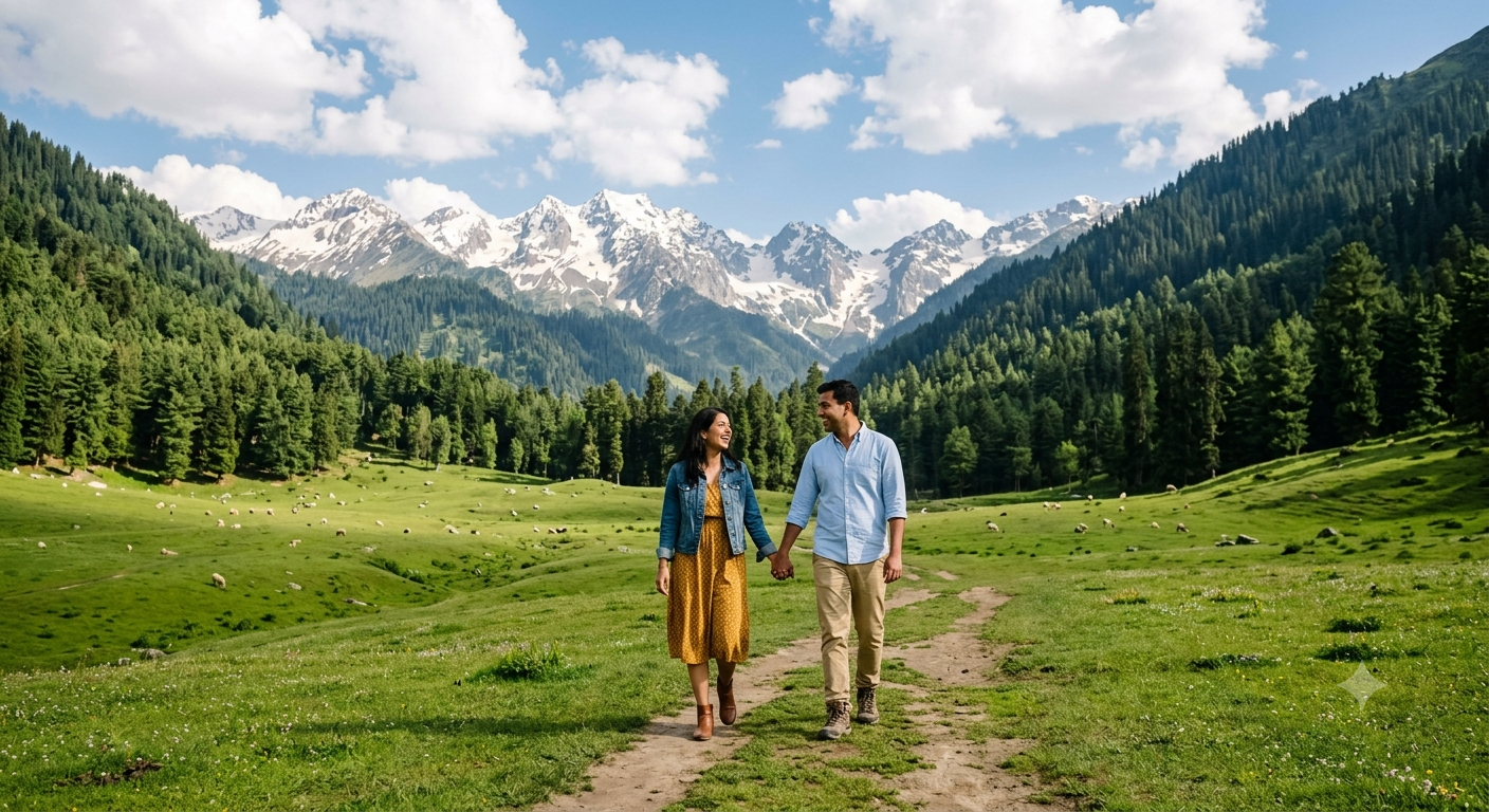 Kashmir honeymoon package with flights - romantic walk in Betaab Valley