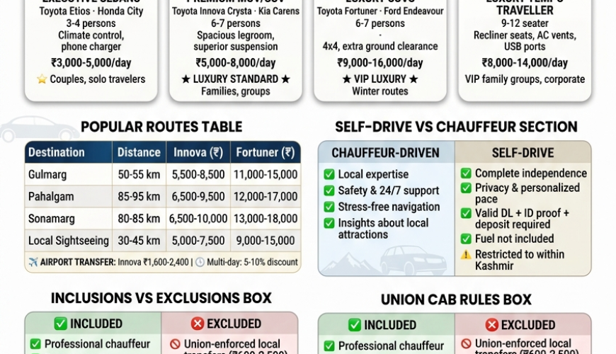 Kashmir luxury car rental 2026 infographic - vehicle options Innova Crysta 5000-7500 rupees per day Fortuner 9000-15000 rupees per day, popular routes Gulmarg Pahalgam Sonamarg rates, chauffeur-driven vs self-drive comparison, union cab rules explained