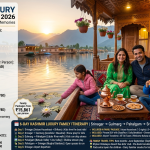 Kashmir luxury family package 2026 - family of four on deluxe houseboat at Dal Lake sunset, father mother daughter son, daughter pointing at water lilies, son eating Kashmiri bread, houseboat staff in traditional attire, copper samovar, kahwa, Glory of Heaven Kashmir 6 days ₹15,861 per person, Family Getaway 4 days ₹10,663, Kashmir Grandeur custom quote, Ultimate Kashmir Retreat custom quote, Family Honeymoon ₹28,499 per couple, family of 4 costs 4 days ₹42k-90k, 6 days ₹63k-1.4L, 8 days ₹85k-2L, includes deluxe houseboat, 4-star hotels, private SUV, shikara ride, breakfast, dinner, transfers