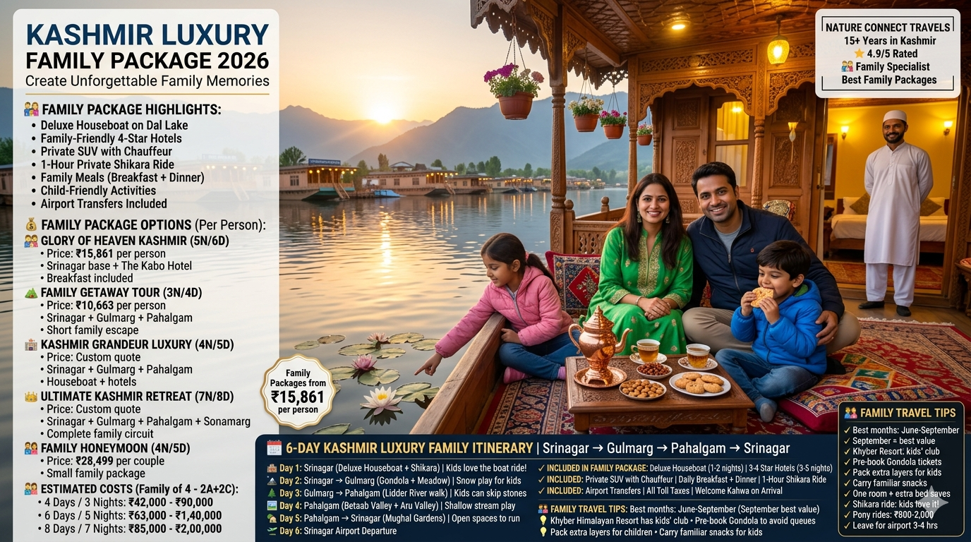 Kashmir luxury family package 2026 - family of four on deluxe houseboat at Dal Lake sunset, father mother daughter son, daughter pointing at water lilies, son eating Kashmiri bread, houseboat staff in traditional attire, copper samovar, kahwa, Glory of Heaven Kashmir 6 days ₹15,861 per person, Family Getaway 4 days ₹10,663, Kashmir Grandeur custom quote, Ultimate Kashmir Retreat custom quote, Family Honeymoon ₹28,499 per couple, family of 4 costs 4 days ₹42k-90k, 6 days ₹63k-1.4L, 8 days ₹85k-2L, includes deluxe houseboat, 4-star hotels, private SUV, shikara ride, breakfast, dinner, transfers